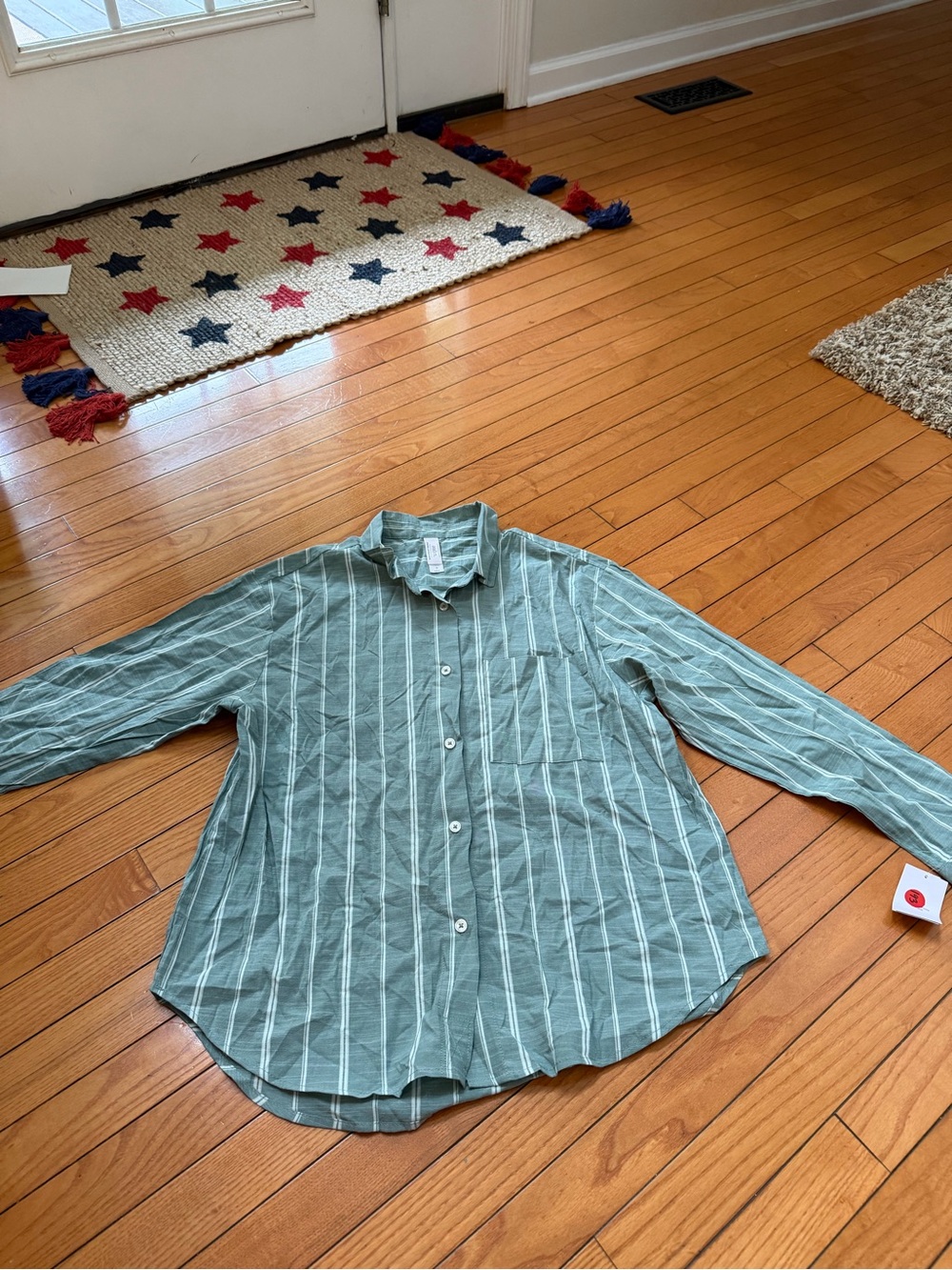 Auden Sage Green & White Vertical-Stripe Casual Button-XS Down Shirt NWT